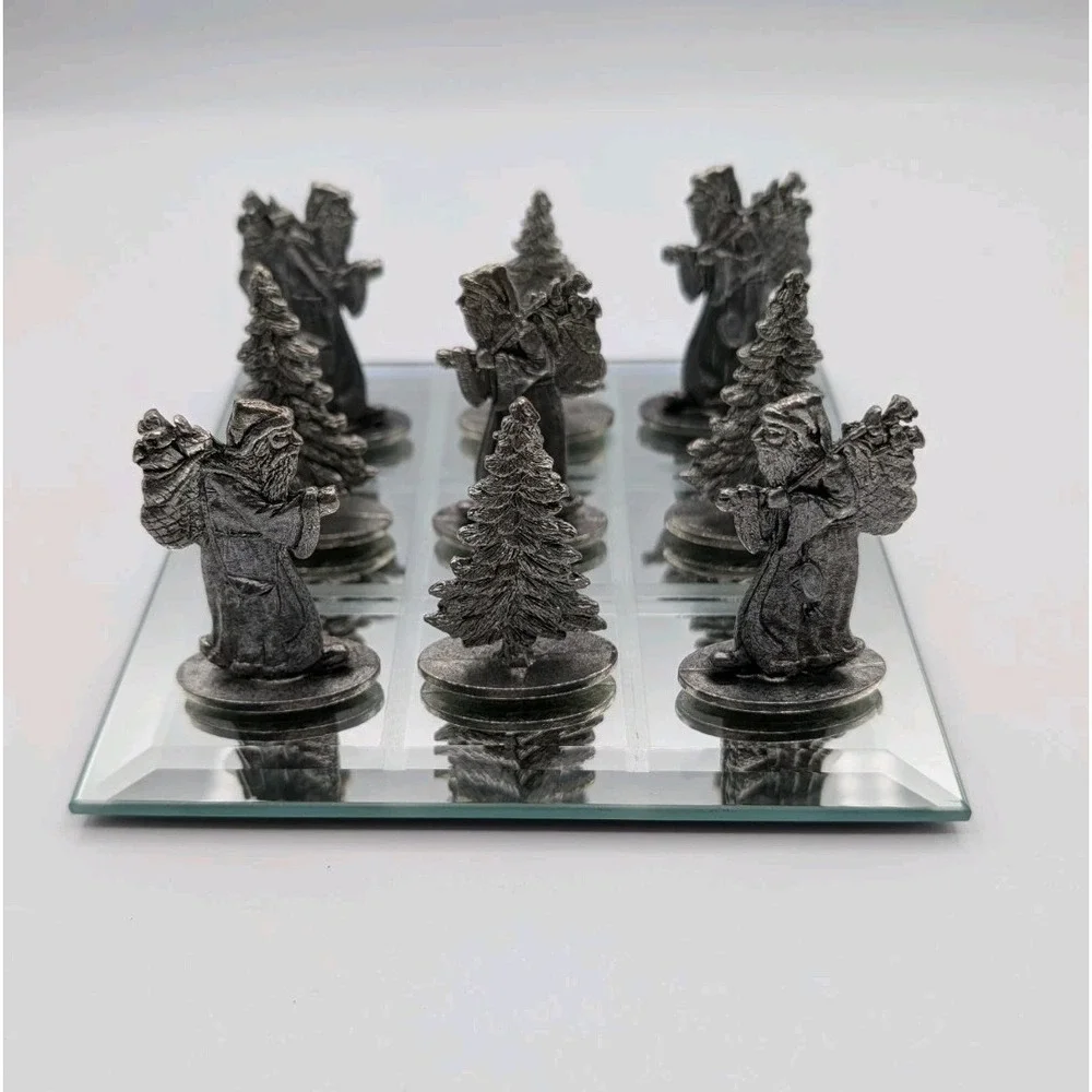 Vintage Metzke Pewter Christmas Tic Tac Toe‎ Set Santa Trees Mirrored Board 1993
